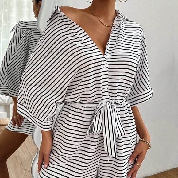 White Boho Women's Striped Batwing Sleeve Front Button Romper - Picture 1 of 5